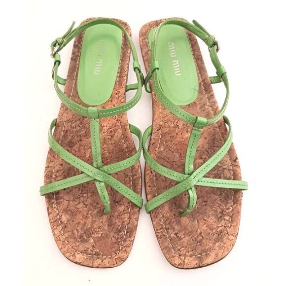 Mui Mui PRADA Green Patent Strappy Flat Sandal Cork Insole 38.5 Made in Italy - Picture 2 of 9